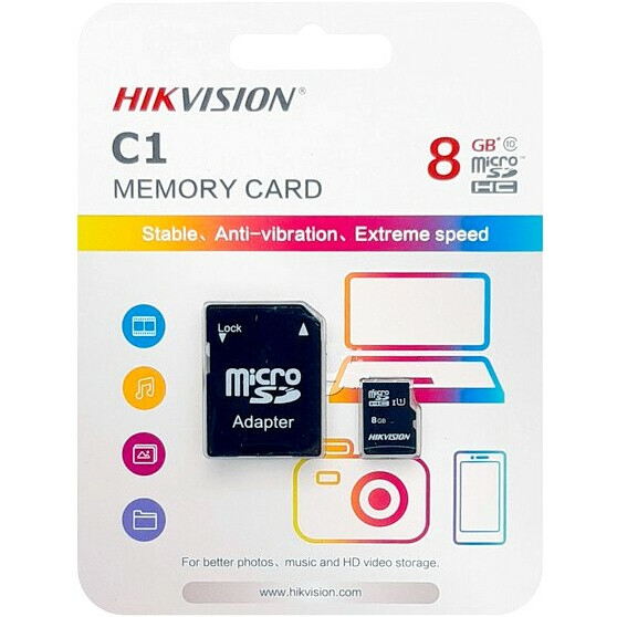 Карта памяти 8Gb MicroSD Hikvision C1 + SD адаптер (HS-TF-C1/8G) - HS-TF-C1(STD)/8G/ADAPTER