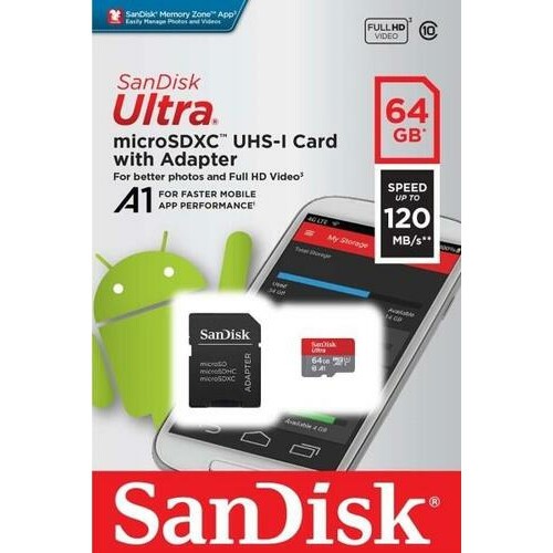Карта памяти 64Gb MicroSD SanDisk Ultra + SD адаптер (SDSQUA4-064G-GN6MA)