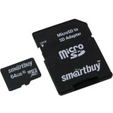 Карта памяти 64Gb MicroSD SmartBuy + SD адаптер (SB64GBSDCL10-01LE)