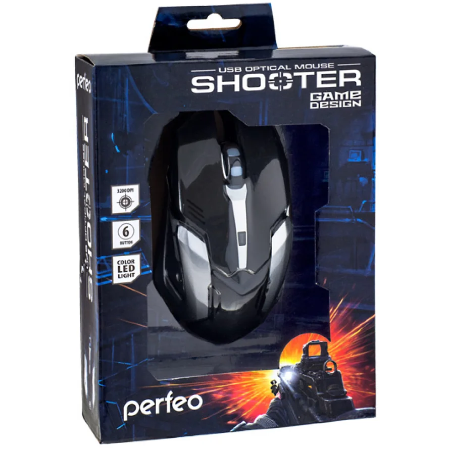 Perfeo мышь оптическая. Perfeo мышка игровая. Perfeo PF_1709 GM. Мышь Perfeo Shooter, USB, подсвет.6цв.,пров.,опт.,6кн., 1200-3200dpi, черный.