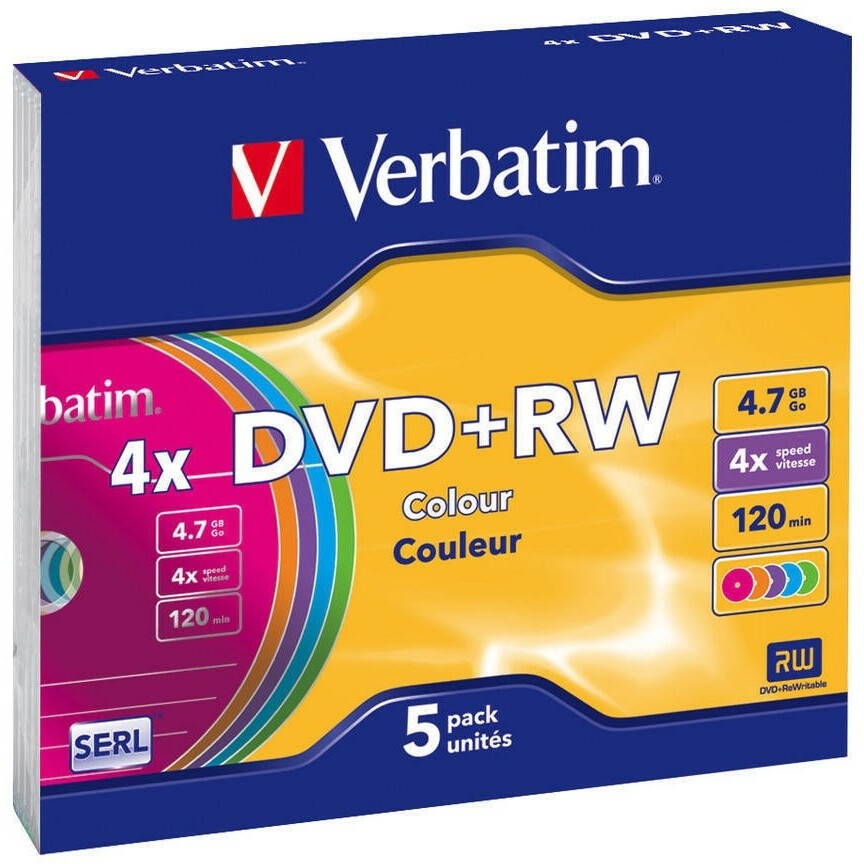 Диск DVD+RW Verbatim 4.7Gb 4x Colour Slim Case (5 шт.) - 43297