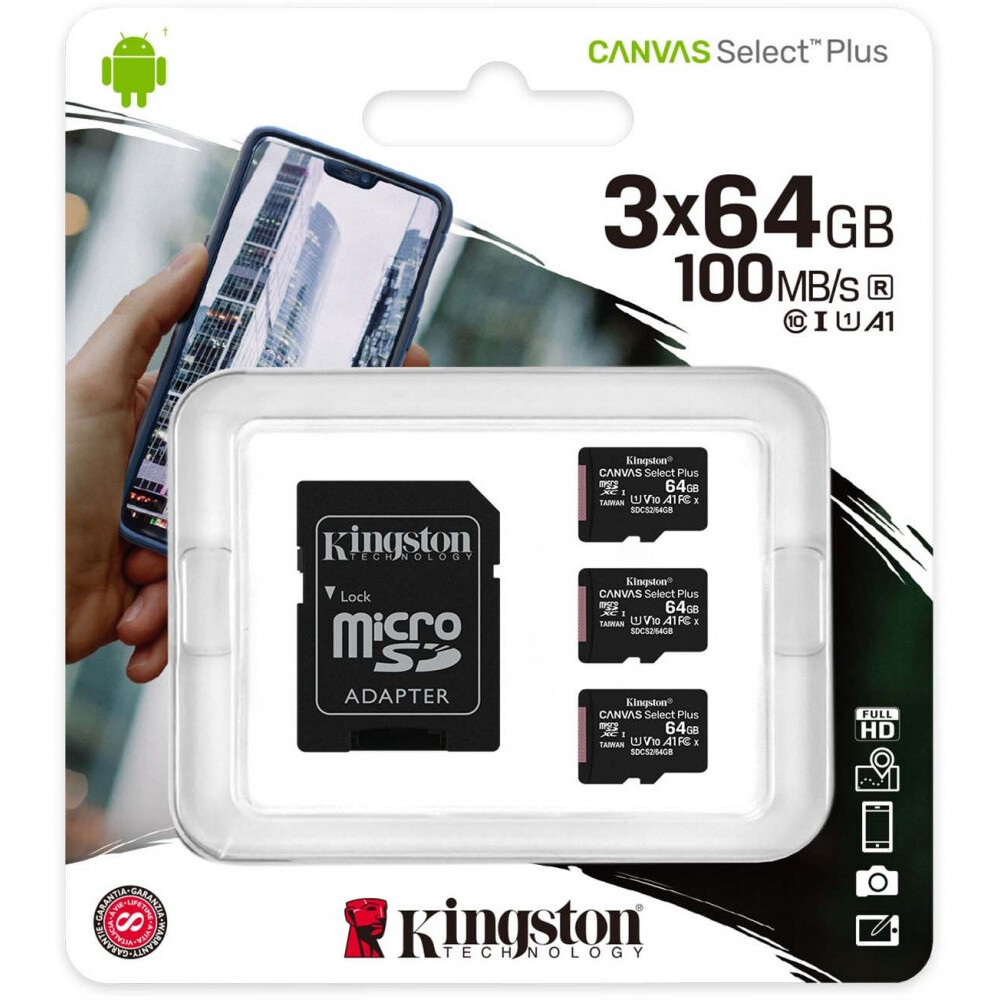 Карта памяти 64Gb MicroSD Kingston Canvas Select Plus + SD адаптер (SDCS2/64GB-3P1A)