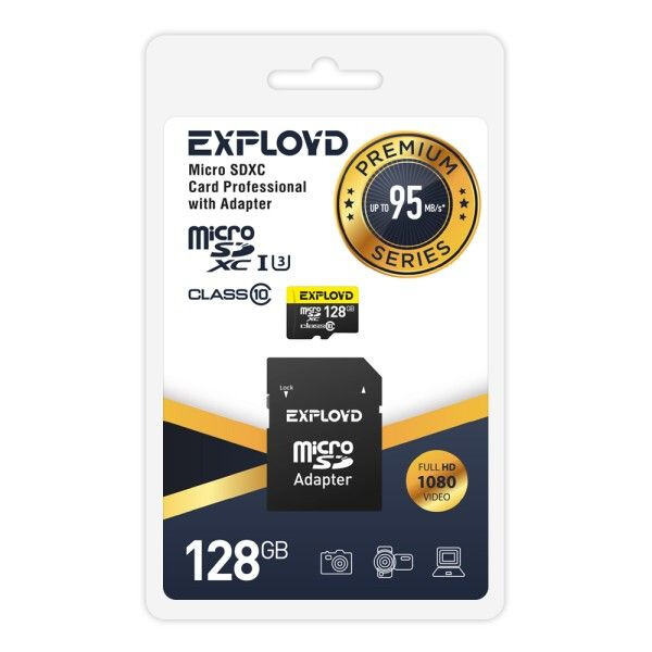 Карта памяти 128Gb MicroSD Exployd Premium + SD адаптер - EX128GCSDXC10UHS-1-ElU3