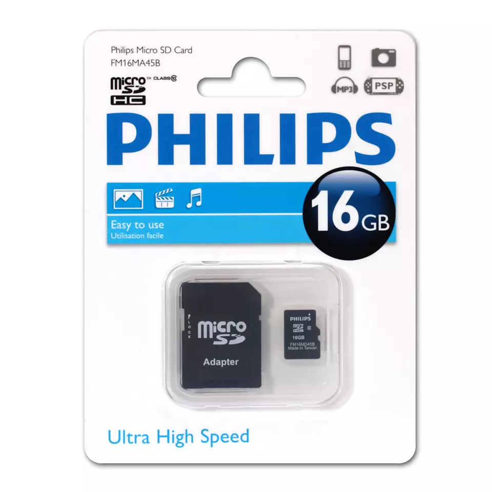 Карта памяти 16Gb MicroSD Philips + SD адаптер (FM16MA45B/97)