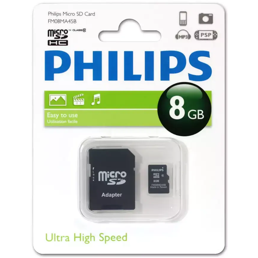 Карта памяти 8Gb MicroSD Philips + SD адаптер (FM08MA45B/97)