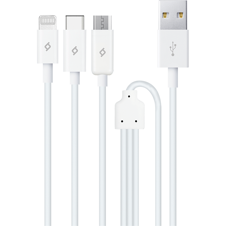 Кабель USB - microUSB/USB Type-C/Lightning, 1.2м, ttec 2DK7521B White