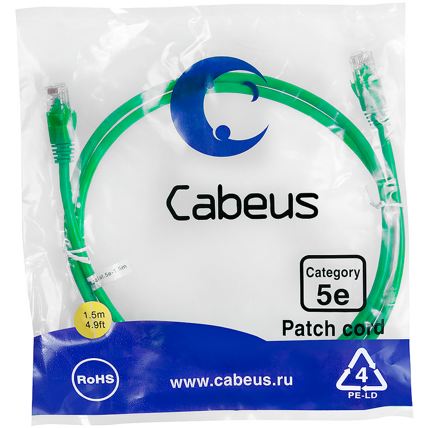 Патч-корд Cabeus PC-UTP-RJ45-Cat.5e-1.5m-GN, 1.5м