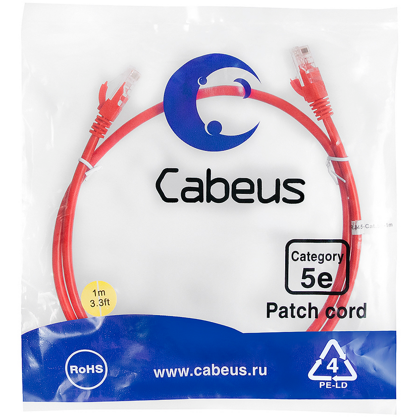 Патч-корд Cabeus PC-UTP-RJ45-Cat.5e-1m-RD, 1м