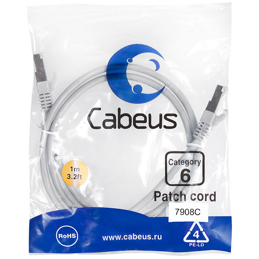 Патч-корд Cabeus PC-FTP-RJ45-Cat.6-1m-LSZH, 1м