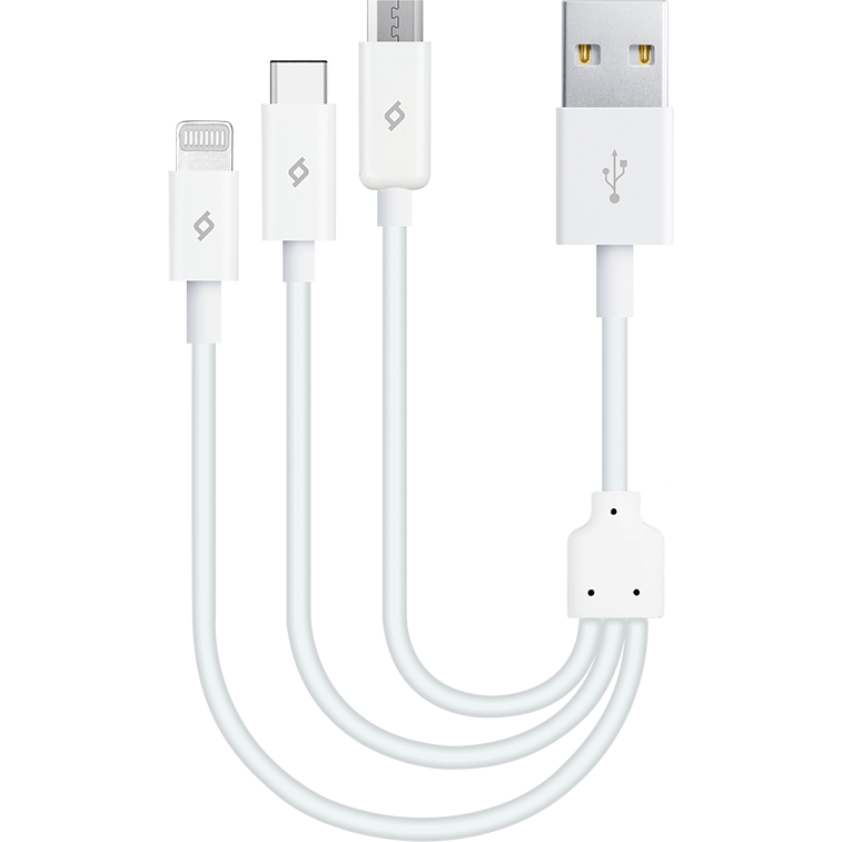 Кабель USB - microUSB/USB Type-C/Lightning, 0.3м, ttec 2DK13 White