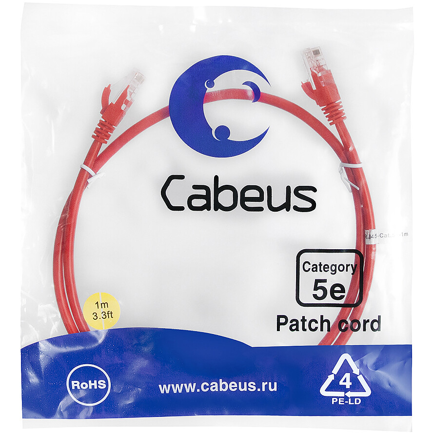 Патч-корд Cabeus PC-UTP-RJ45-Cat.5e-1m-RD-LSZH, 1м