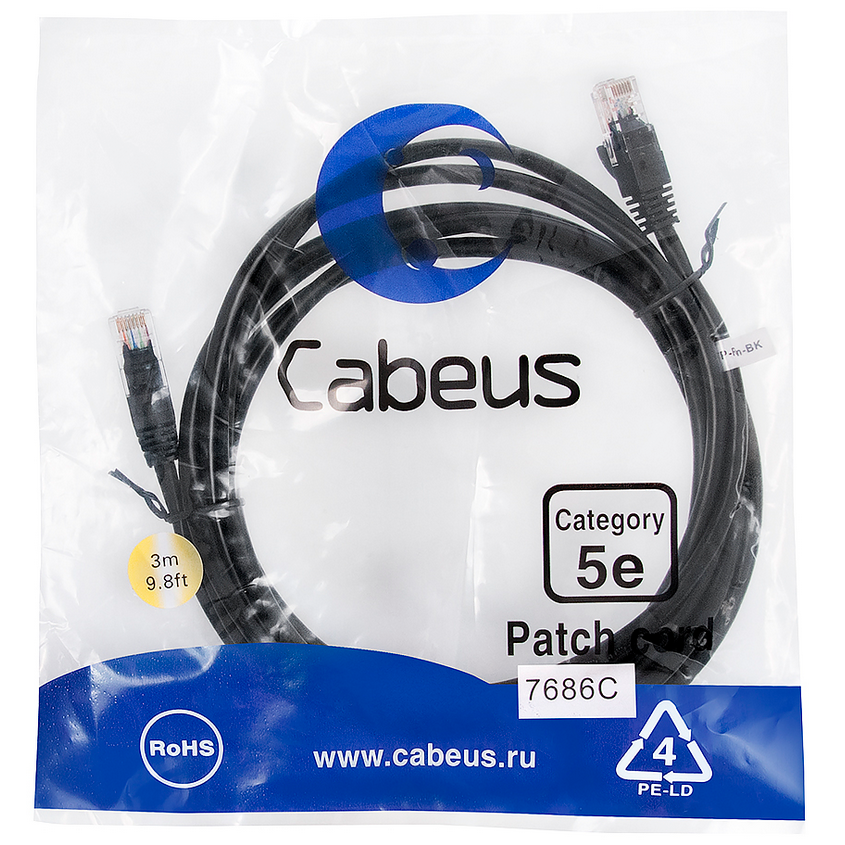 Патч-корд Cabeus PC-UTP-RJ45-Cat.5e-3m-BK-LSZH, 3м