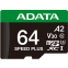 Карта памяти 64Gb MicroSD ADATA SPEED PLUS + SD адаптер (UD64GUI3V30A2SP-RA1)