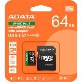 Карта памяти 64Gb MicroSD ADATA SPEED PLUS + SD адаптер (UD64GUI3V30A2SP-RA1)