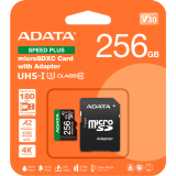 Карта памяти 256Gb MicroSD ADATA SPEED PLUS + SD адаптер (UD256GUI3V30A2SP-RA1)