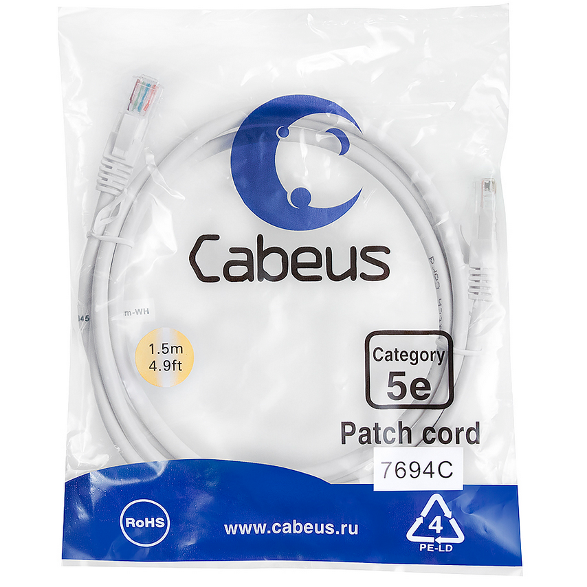 Патч-корд Cabeus PC-UTP-RJ45-Cat.5e-1.5m-WH-LSZH, 1.5м