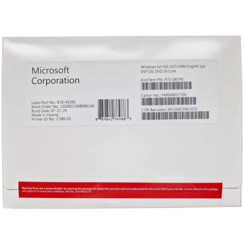 ПО Microsoft Windows Server 2025 Standard 64-bit English DVD DSP OEI 16 Core (P73-08749)