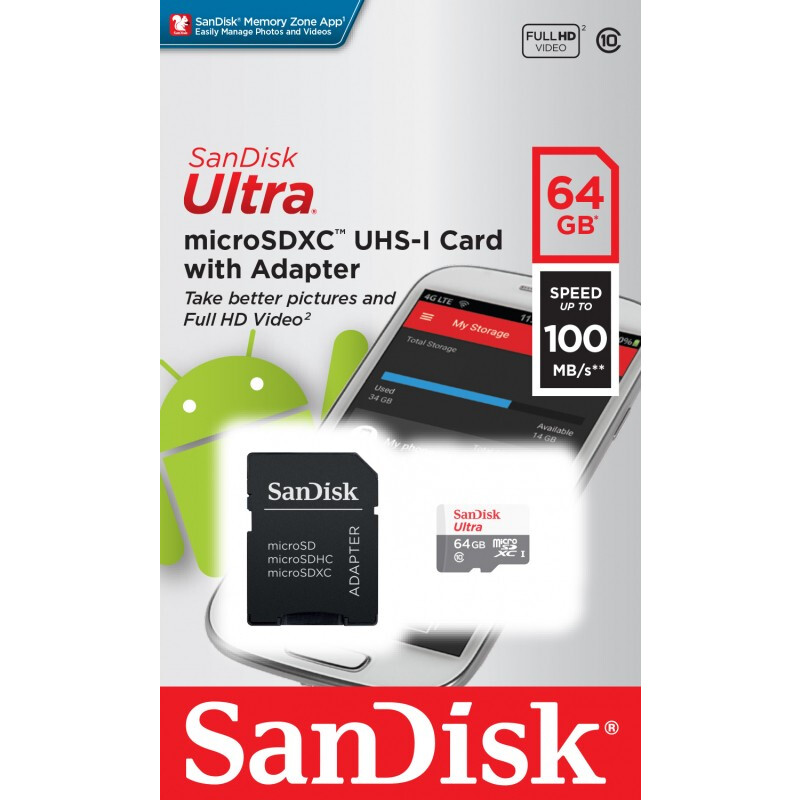 Карта памяти 64Gb MicroSD SanDisk Ultra + SD адаптер (SDSQUNR-064G-GN3MA)