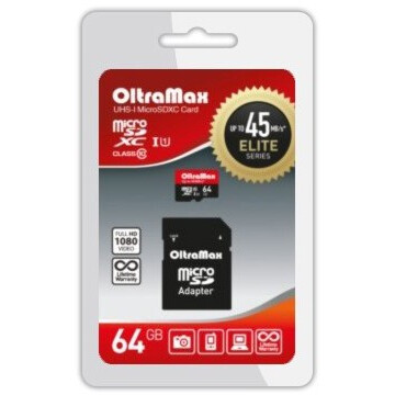 Карта памяти 64Gb MicroSD OltraMax + SD адаптер (OM064GCSDXC10UHS-1-ElU1)