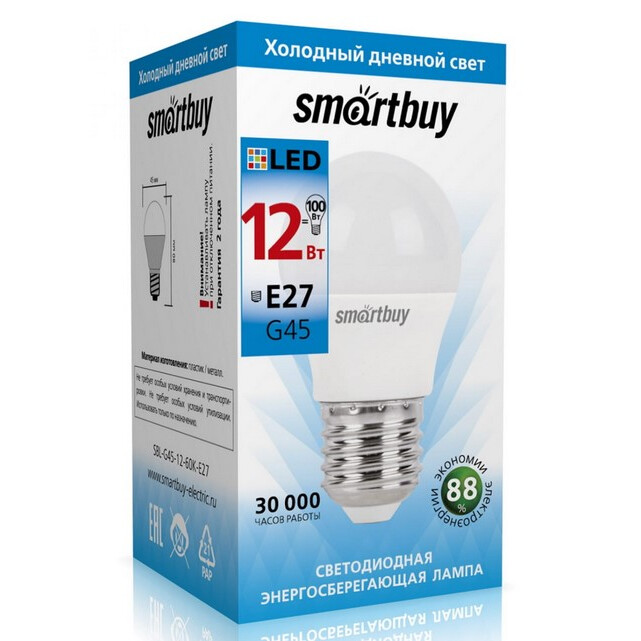 Светодиодная лампочка SmartBuy SBL-G45-12-60K-E27 (12 Вт, E27)